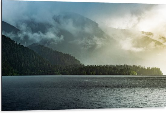 Dibond - Mist - Wolken - Bomen - Bossen - Bergen - Zee - Water - Oceaan - 105x70 cm Foto op Aluminium (Met Ophangsysteem)