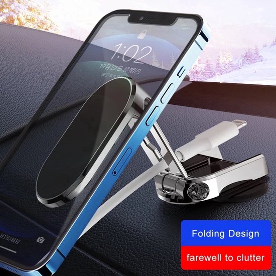 Zilverkleurige magnetische telefoonhouder met inklapbaar ontwerp, met smartphone en oplaadkabel.