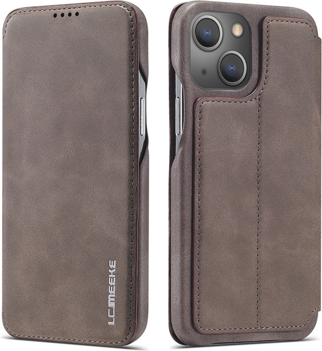 LC.IMEEKE Hoesje - Geschikt voor iPhone 13 Hoesje - LC.IMEEKE Retro Book Case - Grijs