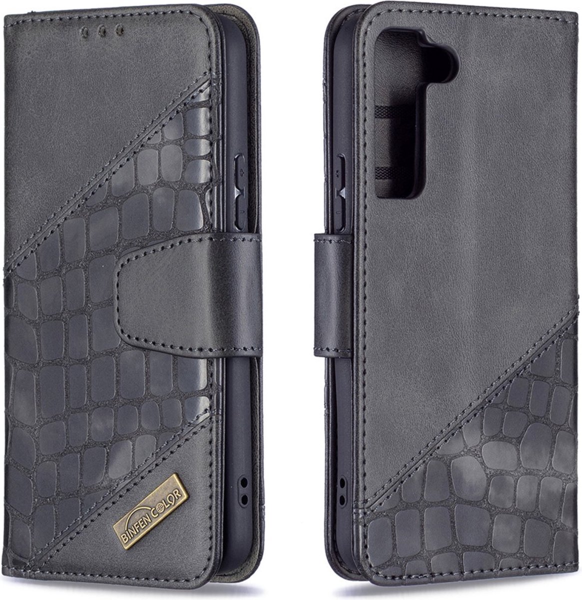 BINFEN Croco Book Case - Geschikt voor Samsung Galaxy S22 Hoesje - Zwart
