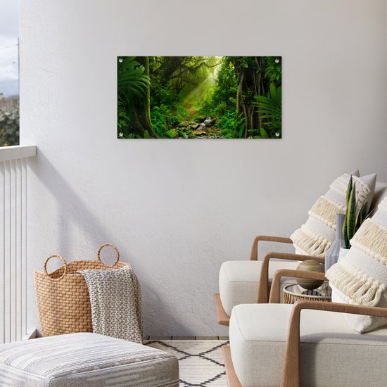 Poster jardin Jungle - Water - Feuilles - Soleil - Nature - 80x40 cm - Décoration murale Outdoor - Poster jardin - Toile jardin - Poster clôture - Tableau jardin