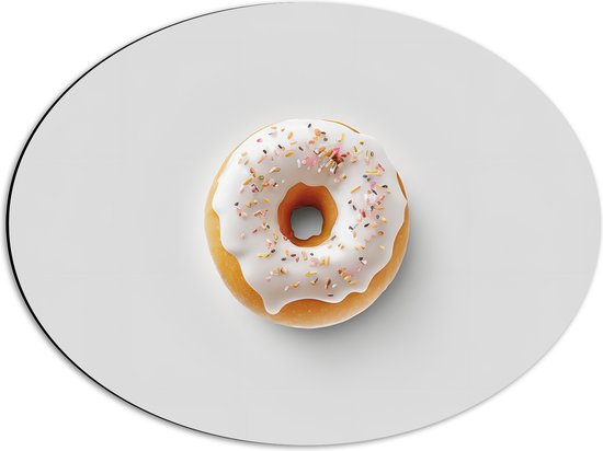 Dibond Ovaal - Donut met Wit Glazuur en Sprinkels tegen Lichtgekleurde Achtergrond - 56x42 cm Foto op Ovaal (Met Ophangsysteem)