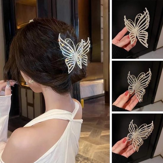 Barrette - Barrette Beautiful Strass Butterfly Pearls - Or brillant