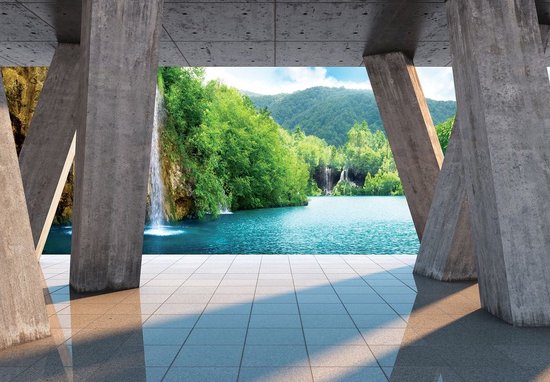 Foto: Fotobehang vlies behang waterval en meer in de bergen terraszicht 3d 368 x 254 cm