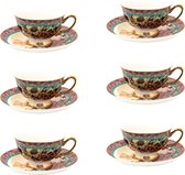 HAES DECO - Set de 6 Tasses et Soucoupes - contenance 200 ml - coloris Violet / Rouge / Or - Porcelaine Imprimée Papillons - Service à thé, Service à café, Tasses à thé, Tasses à café, Cappuccino