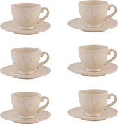 HAES DECO - Set de 6 tasses et soucoupes - contenance 200 ml - couleur Beige - Céramique Imprimée au Kip - Service à thé, Service à café, Tasses à thé, Tasses à café, Cappuccino