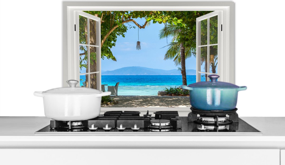 Tuinposter - Boom - Tropisch - Zee - Doorkijk - Strand