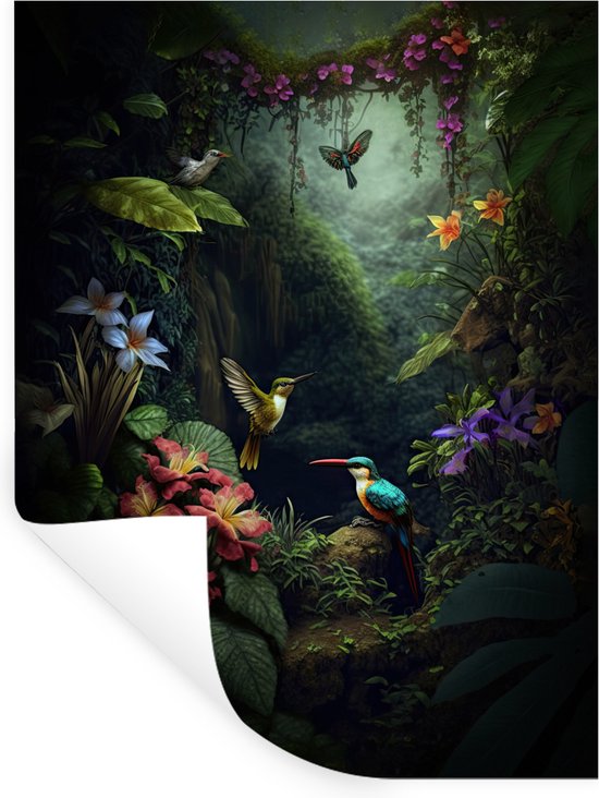Affiche d'une jungle avec des colibris, des papillons et des fleurs.