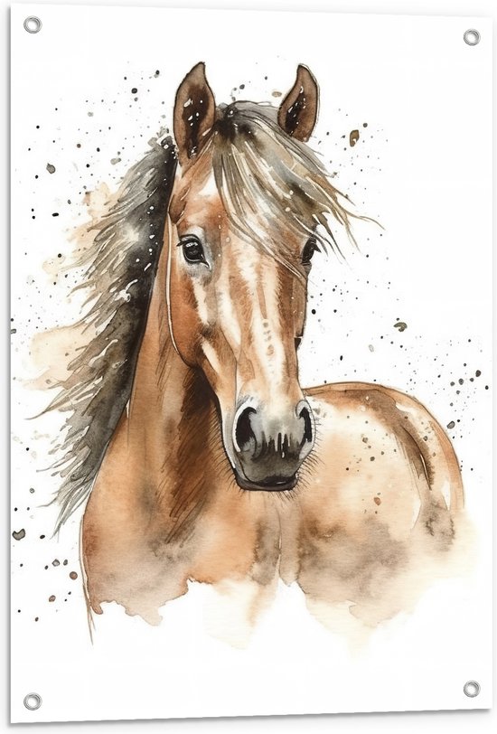 Tuinposter – Acryl Tekening van Kop en Hals van Bruin Paard - 60x80 cm Foto op Tuinposter (wanddecoratie voor buiten en binnen)