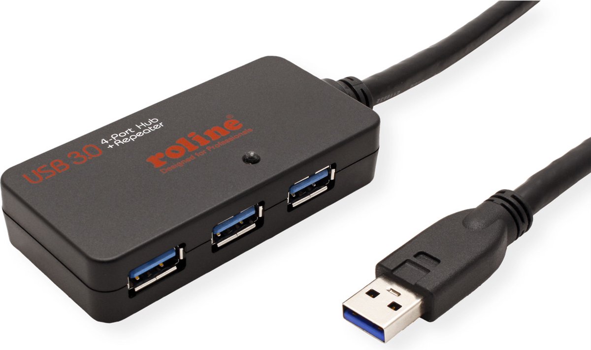 ROLINE USB 3.2 Gen 1 4-port Hub met repeater, zwart, 10 m