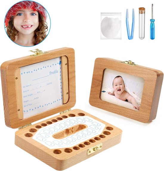 HIQE-FL Tandendoos, hout, melktandenbox, houten tandendoos, souvenir, opbergdoos voor babytanden (dinosaurus