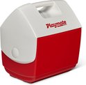 Witte koelbox met rood voorpaneel en 'Playmate Igloo' logo, schuin van voren gezien.