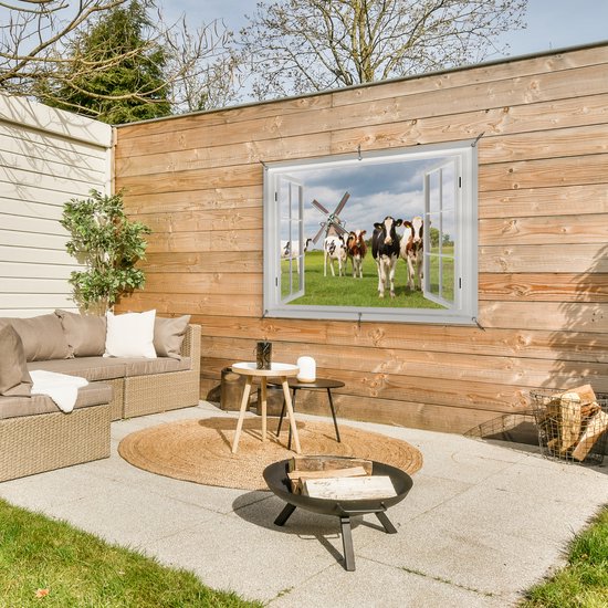 Tuin poster - Tuin decoratie - Koe - Doorkijk - Molen - Natuur - Tuinversiering - Terras - Tuindecoratie wanddecoratie - Muurdecoratie buiten - 120x80 cm - Buitenschilderijen voor in de tuin - Decoratie tuin om op te hangen