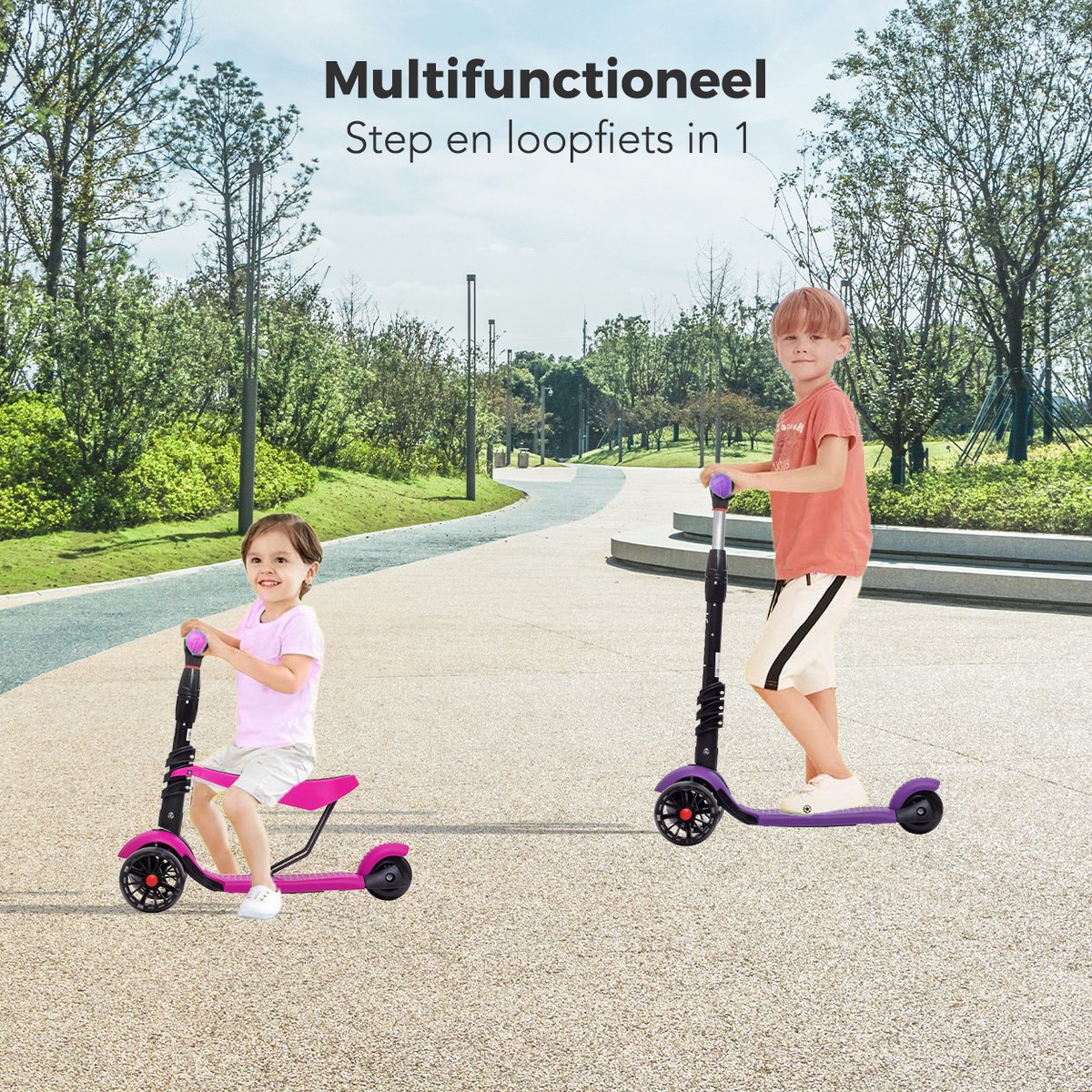 LifeGoods MultiRider Kinderstep - Step 3-8 Jaar - Hoogte Verstelbaar Zitje - Lichtgevende LED Wielen - Jongens/Meisjes - Roze — afbeelding 6