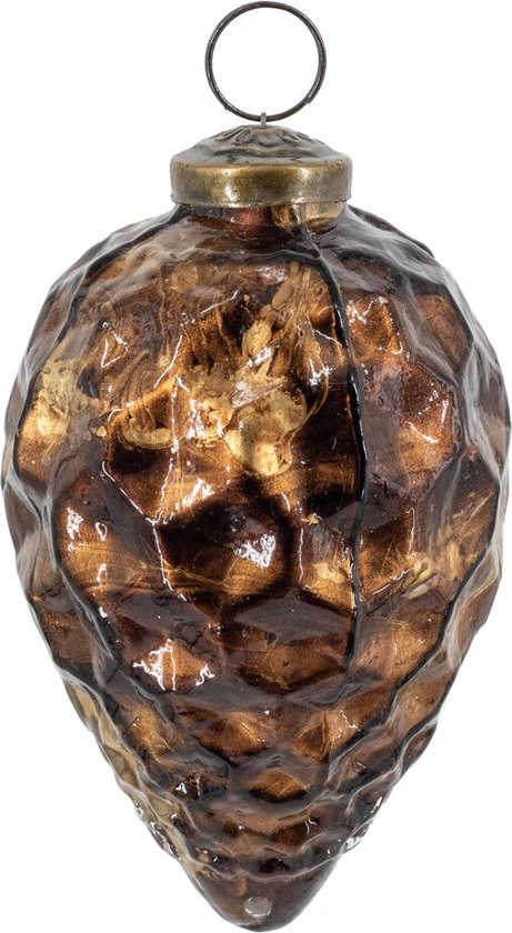 Boule de Noël pomme de pin marron avec motif marbré et suspension en métal.