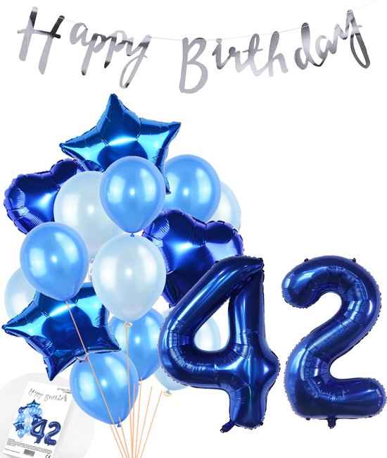 Snoes Ballonnen 42 Jaar Feestpakket – Versiering – Verjaardag Set Mason Blauw Cijferballon 42 Jaar - Heliumballon