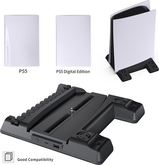 DrPhone DPS3 - Station de charge pour PS5 DISK / Version numérique - Fonction de refroidissement - Dongle contrôleur + Système de stockage de jeu - Wit