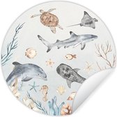 Behangcirkel - Muurstickers babykamer - Zeedieren - Onderwater - Waterverf - Kinderen - Muursticker kinderkamer - Wandsticker - Ronde wanddecoratie - Wall sticker - 120x120 cm - Muursticker rond - Behangsticker