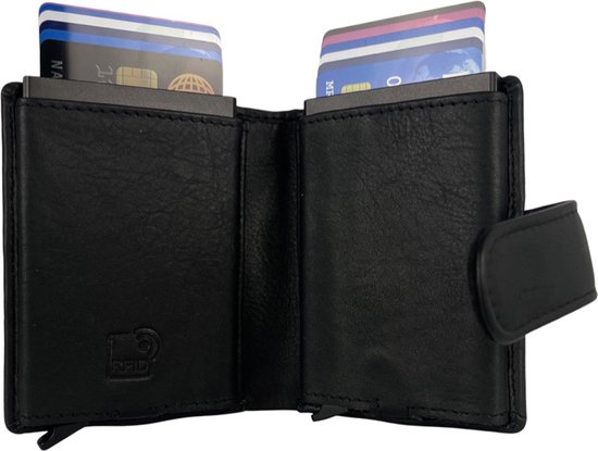 Double porte-cartes de crédit - Porte-cartes extensible - Cuir Zwart - RFID - Poche zippée pour pièces de monnaie