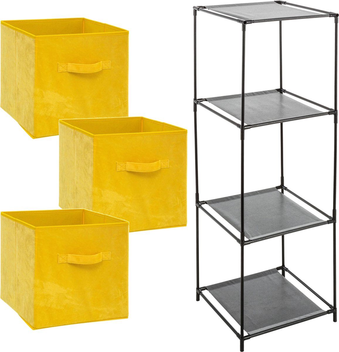 Kastmandjes/opberg manden - geel velours - 3x stuks van 29 Liter - In rek van 34 x 98 cm