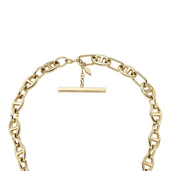 Gouden ketting met ankerschakels en t-sluiting met Fossil logo.