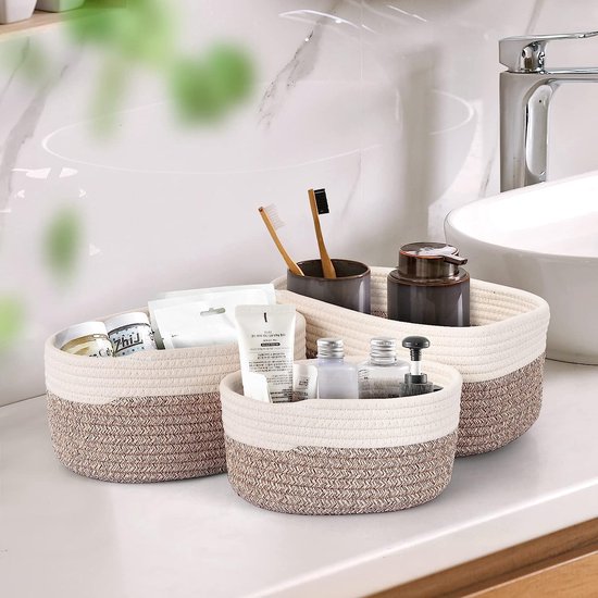 HDRNT Opbergmand, gevlochten katoenen touw, stapelbare opbergmand, mand, luiertafel, organizer, mand, opbergmanden voor manden, badkameraccessoires, 25 x 25 cm (wit hennepkleur