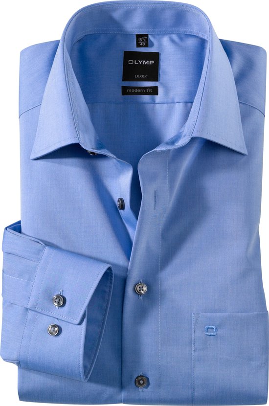 OLYMP Luxor modern fit overhemd - middel blauw - Strijkvrij - Boordmaat: 39