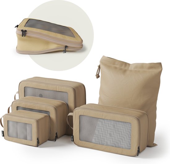 ONYX® compressie packing cubes - 5 stuks - Bagage organizers met compressie rits - Voor koffers en tassen - Beige