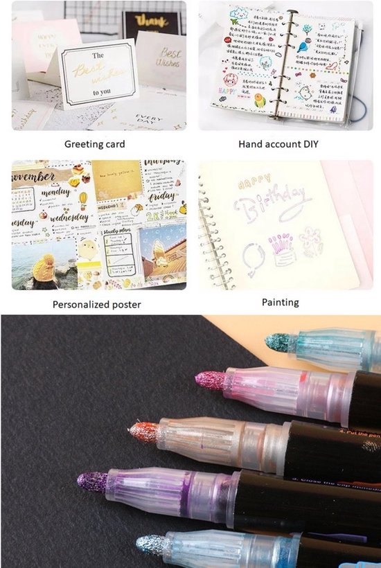 Rainbecom - Marqueurs à Paillettes - 12 Couleurs Marqueurs de Contour Métalliques - Marqueurs à Paillettes Marqueurs de Couleur Stylos à Paillettes - Épaisseur de Ligne 2mm