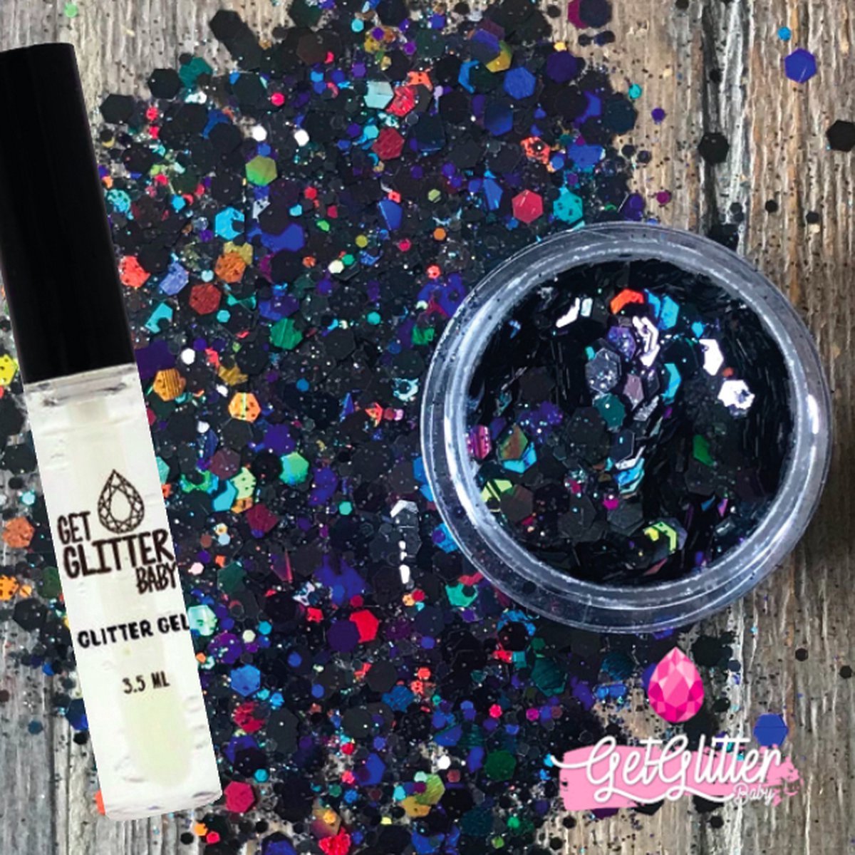 GetGlitterBaby® - Biologische / Biologisch afbreekbare Zwarte Chunky Festival Glitters voor Lichaam en Gezicht / Biodegradable Face Body Jewels Glitterlijm / Gel Glittergel - Zwart - en Glitter Lijm HuidLijm