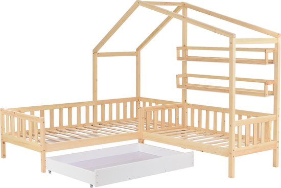 Merax L-vormig Kinderbed voor Twee Personen - Huisbed met Opbergruimte - Bed - Naturel