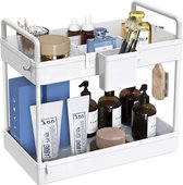 Badkamerorganizer, opbergruimte op het aanrecht, 2-laags plank onder de wastafel voor keuken en badkamer, multifunctioneel opbergrek voor cosmetica, huidverzorging, 34 x 22 x 39 cm, wit