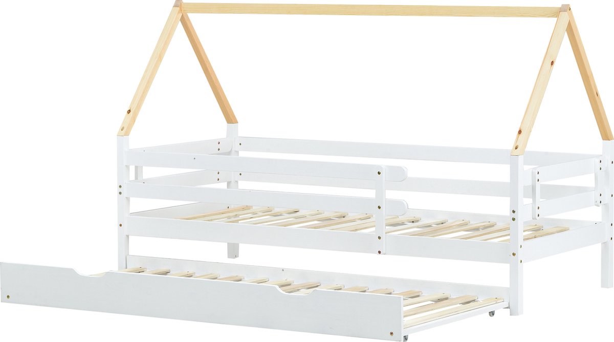 BDW - Kinderbed - Eenpersoonsbed Met Lattenbodem, Matras, Lade, Valbeveiliging, Opbergruimte - Uittrekbaar - Slaapbank, Logeerbed, Opklapbed - Kinder-/Tienerkamer - 160x70cm - Wit