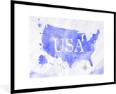 Fotolijst incl. Poster - Verenigde Staten - Blauw - Wereldkaart - 120x80 cm - Posterlijst