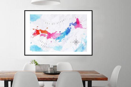 Poster in lijst - Fotolijst 120x80 cm - Posters - Kaart - Kleur - Japan - Posterlijst zwart - Decoratie - Wanddecoratie woonkamer - Muurdecoratie slaapkamer