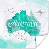 Décoration murale - Carte du Wereldkaart - Australie - Turquoise - 50x50 cm - Affiche