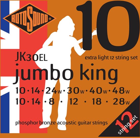 Rotosound JK30EL "jumbo king" 12-snaren set, extra light, 10-48, fosforbrons. "10" en "12 string set" in grote letters.