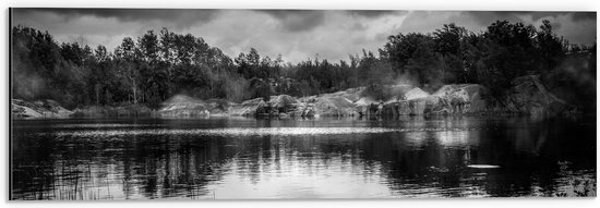 Dibond - Meer in het Midden van het Bos (Zwart-wit) - 60x20 cm Foto op Aluminium (Met Ophangsysteem)