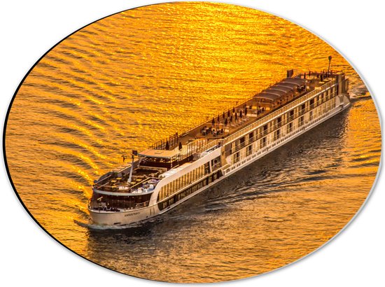 Dibond Ovaal - Toeristenboot op het Water tijdens de Zonsondergang - 40x30 cm Foto op Ovaal (Met Ophangsysteem)