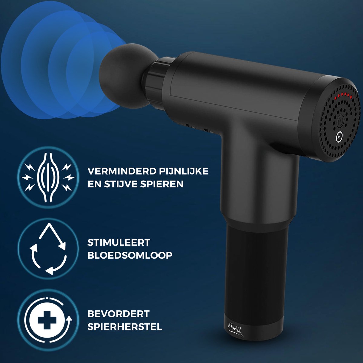Afbeelding 3 van ForU Massage Gun - Massage Apparaat - Massage pistool - Incl. 4 opzetstukken - Draadloos - Incl. opbergkoffer
