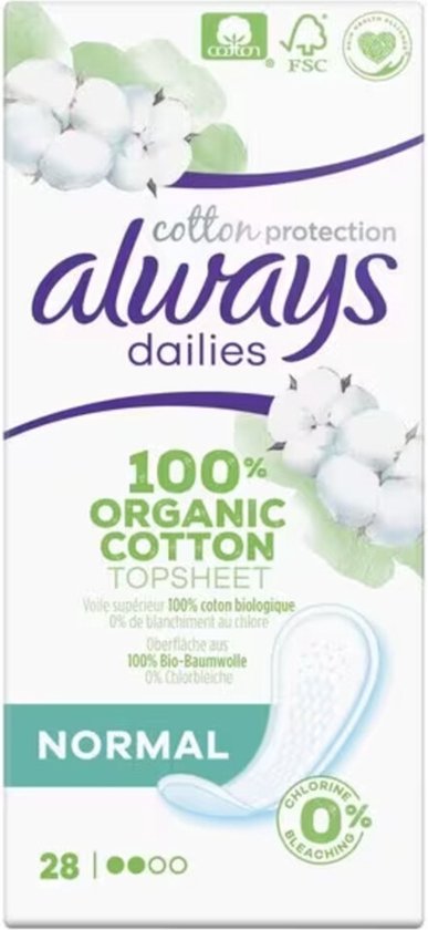Always Dailies Normal inlegkruisjes, 28 stuks, 100% organische katoen topts sheet.