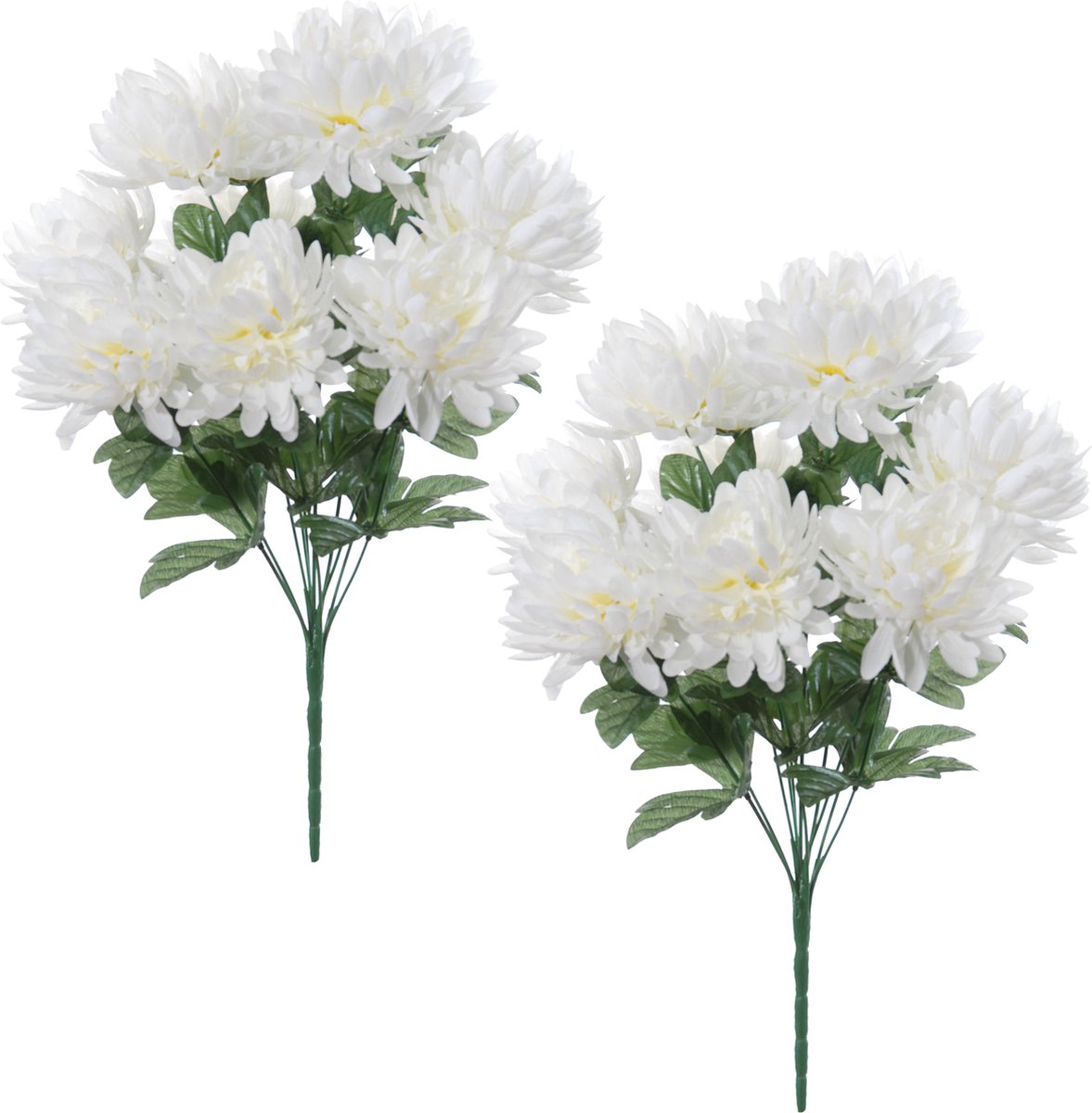 Louis Maes Kunstbloemen boeket crysanten met bladgroen - 2x - wit - H45 cm - Sierbloemen