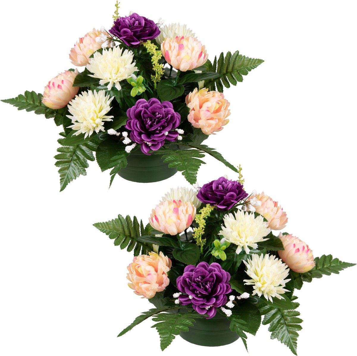 Louis Maes Kunstbloemen boeket crysanten in pot - 2x - kleurenmix - D30 x H24 cm - Bloemstuk - Bladgroen Paars