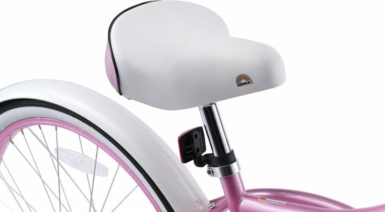 Selle de vélo blanche avec bordure rose et logo.