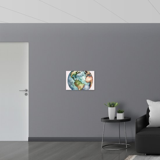 Dibond - Waterverf Tekening van een Wereldbol tegen Witte Achtergrond - 60x40 cm Foto op Aluminium (Met Ophangsysteem)
