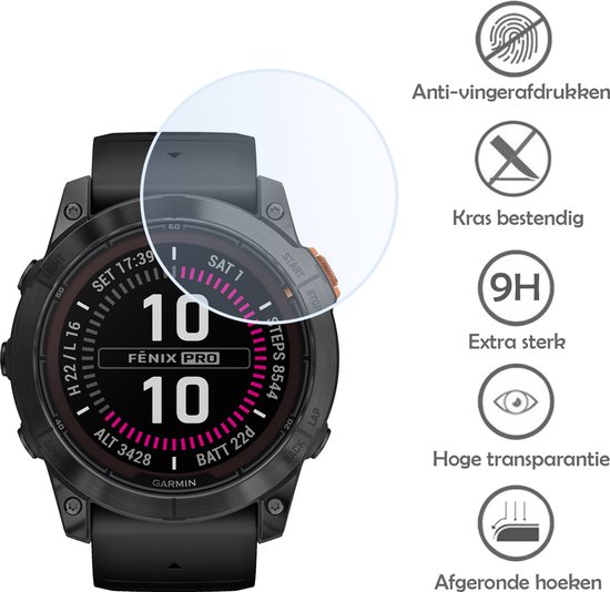 Zwarte Garmin Fenix 7X Pro met schermprotector. Kenmerken: anti-vingerafdruk, krasbestendig, 9H, hoge transparantie.