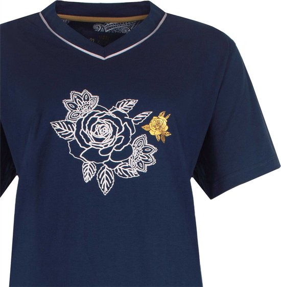 MESAD1304A Medaillon Ladies Pyjama short - Ensemble de Couchage - 100% Katoen Peigné - Blauw Marine avec Rose. - Tailles : XXL