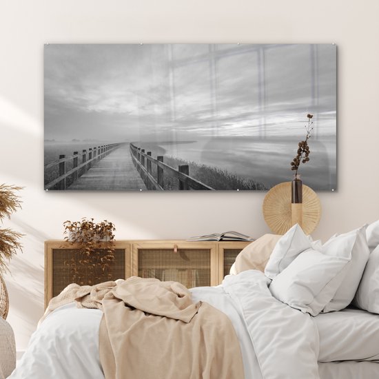 Peinture sur verre - Pont - Mer - Zwart - Wit - Nature - Peinture sur Verres - 160x80 cm - Photo sur verre - Décoration murale