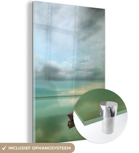 Glasschilderij - Boot - Water - Wolken - Turquoise - Foto op glas - Schilderij glas - Woondecoratie