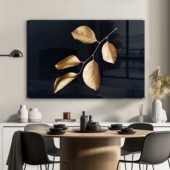 MuchoWow® Peinture sur verre 120x80 cm - Peinture sur verre - Feuilles - Branche - Or - Luxe - Photo sur verre acrylique - Peintures